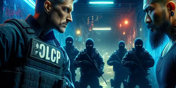 A tense confrontation between a police officer and a gang leader in a dark urban alleyway.