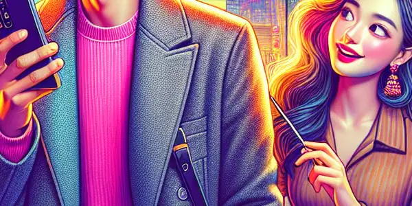 A young couple shares a playful moment in a vibrant city, surrounded by neon lights and romantic tension.