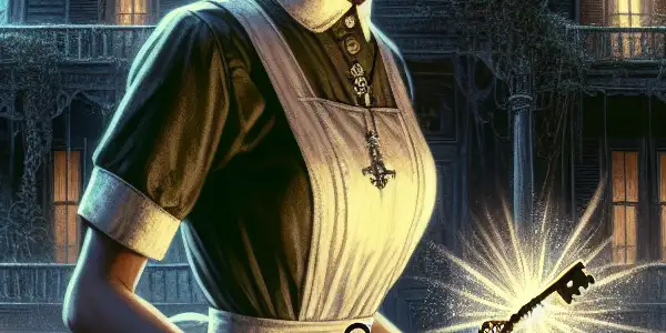 A young nurse in a vintage uniform holds a glowing key in a shadowy, dilapidated Southern mansion.