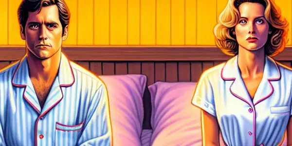 A couple in bed, expressing contrasting emotions, surrounded by whimsical symbols of their dreams and desires.