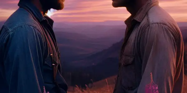 Two rugged cowboys share a tender moment at a mountain overlook during a vibrant sunset, symbolizing forbidden love.