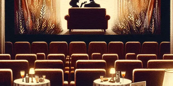 Cozy adults-only cinema interior with plush seating, ambient lighting, and a romantic film poster.