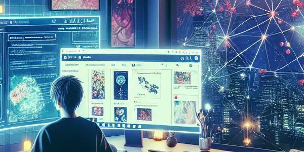 A modern workspace depicting safe exploration of Japanese AV, featuring a computer, coffee, and cultural decorations.