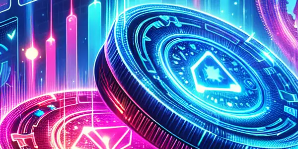 A vibrant digital landscape featuring glowing coins and holographic screens representing a futuristic adult entertainment currency system.