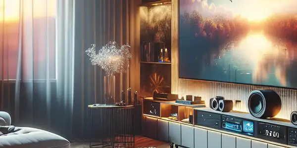 Cozy living room with a large TV, plush sofa, snacks, and warm lighting for an immersive movie night.