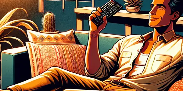 A cozy living room with an individual watching colorful animated content while enjoying popcorn and taking notes.