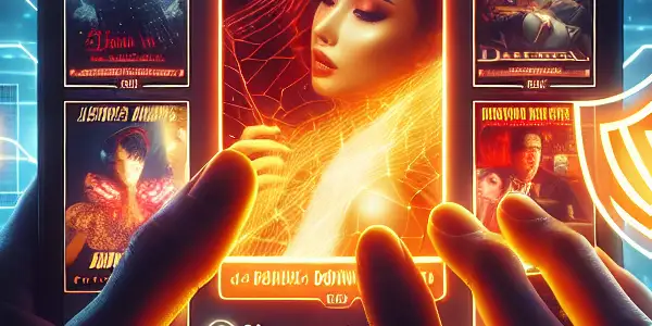 A sleek digital interface showcasing a diverse collection of adult films with vibrant thumbnails and privacy protection icons.